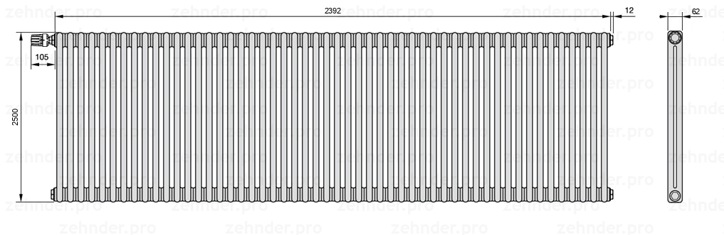 Схема (чертеж) Радиатор Zehnder Charleston 2250/52 №V012 Белый глянцевый RAL 9016